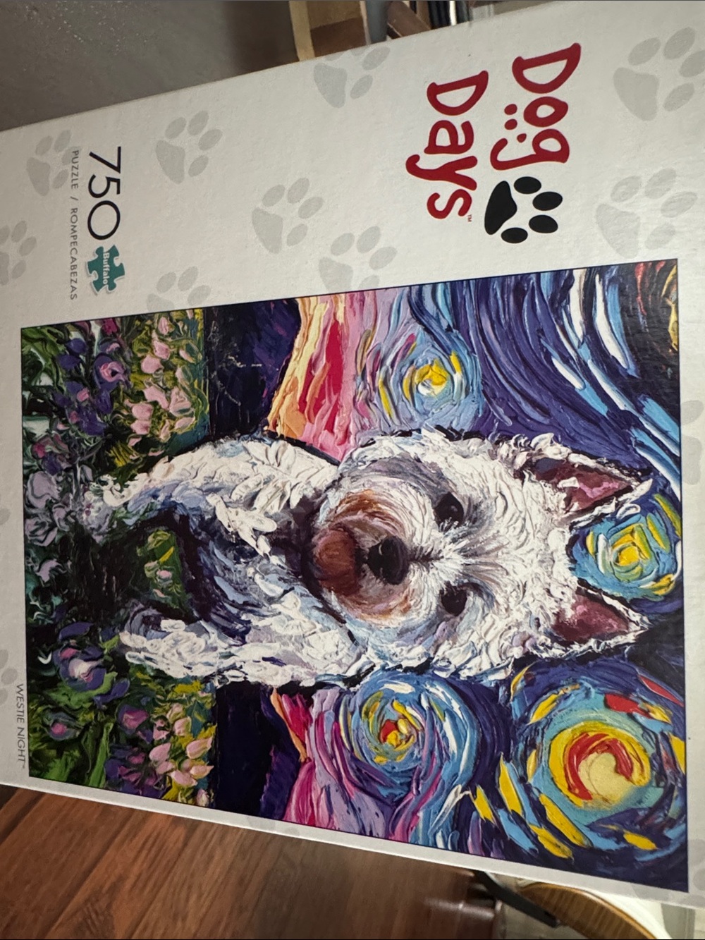 Buffalo David Bitton White Dog Puzzle Art with Blue & Purple Accents